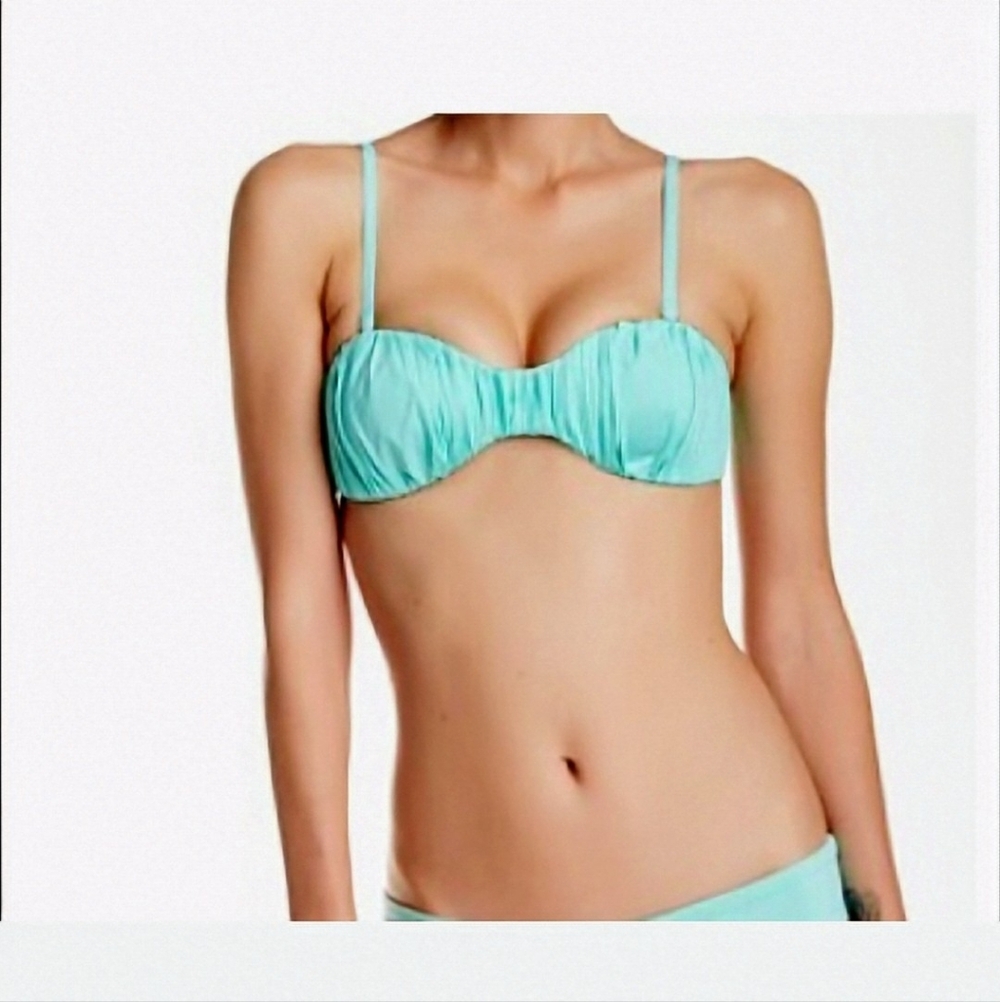 MAAJI Julep Ruched Gathered Bandeu Bikini Swim Top Blue Green Sweetheart Size S